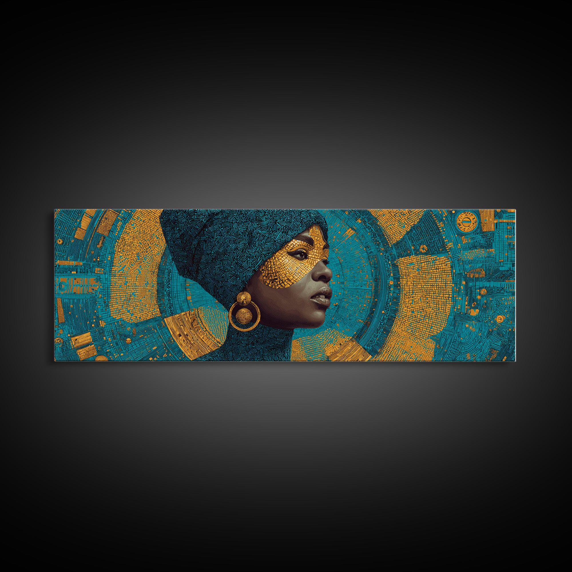 Elegant Black Queen Profile Framed Canvas Print, African Woman Art, Teal Gold Afrocentric Wall Decor, Melanin Portrait Gift
