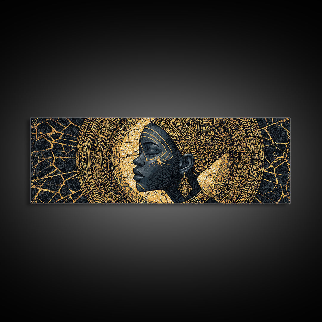 Golden Profile Black Woman Portrait, Abstract African Art Framed Canvas Print, Afrocentric Wall Art, Elegant Home Decor
