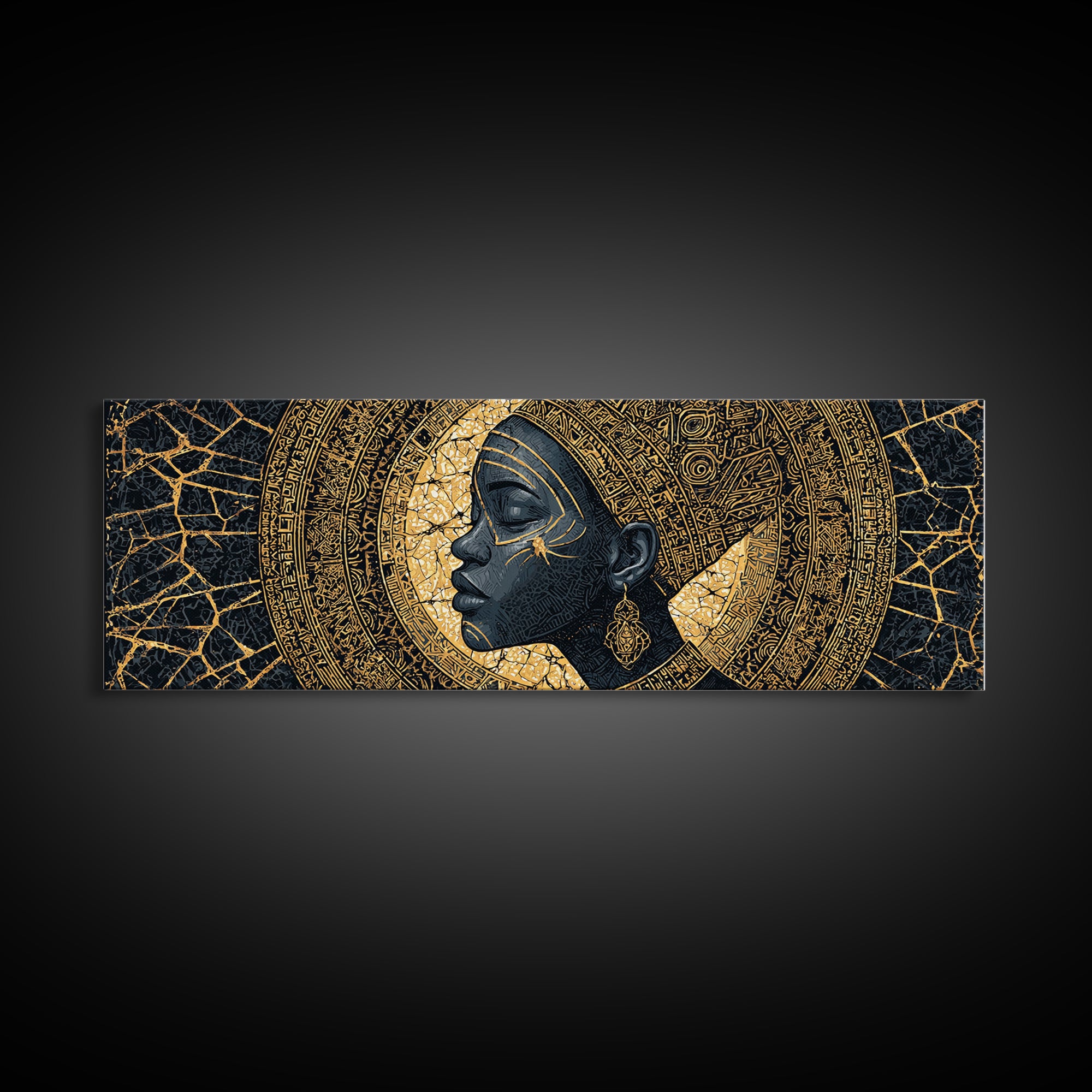 Golden Profile Black Woman Portrait, Abstract African Art Framed Canvas Print, Afrocentric Wall Art, Elegant Home Decor
