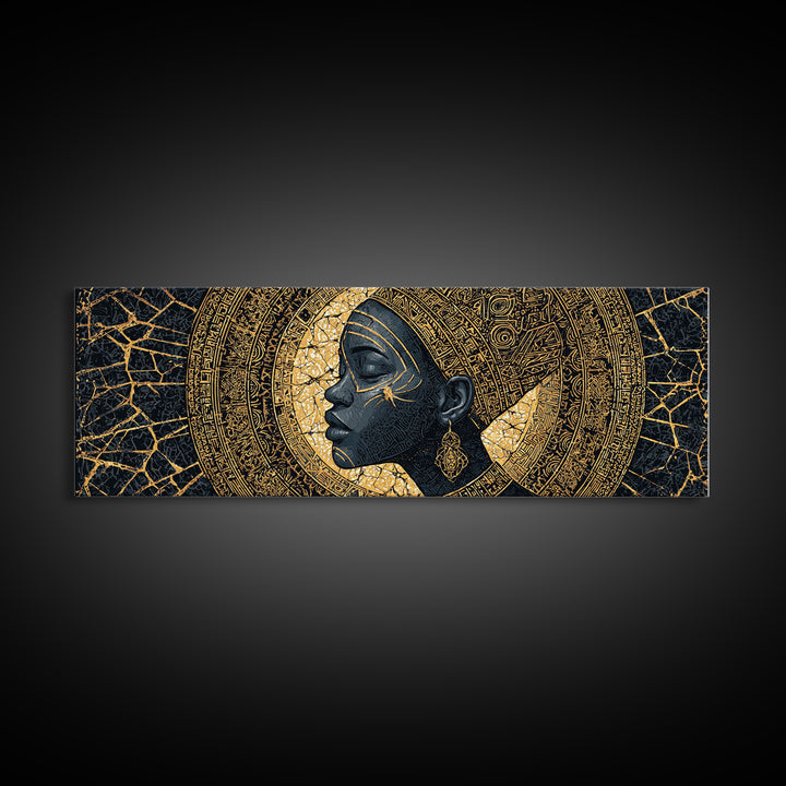Golden Profile Black Woman Portrait, Abstract African Art Framed Canvas Print, Afrocentric Wall Art, Elegant Home Decor