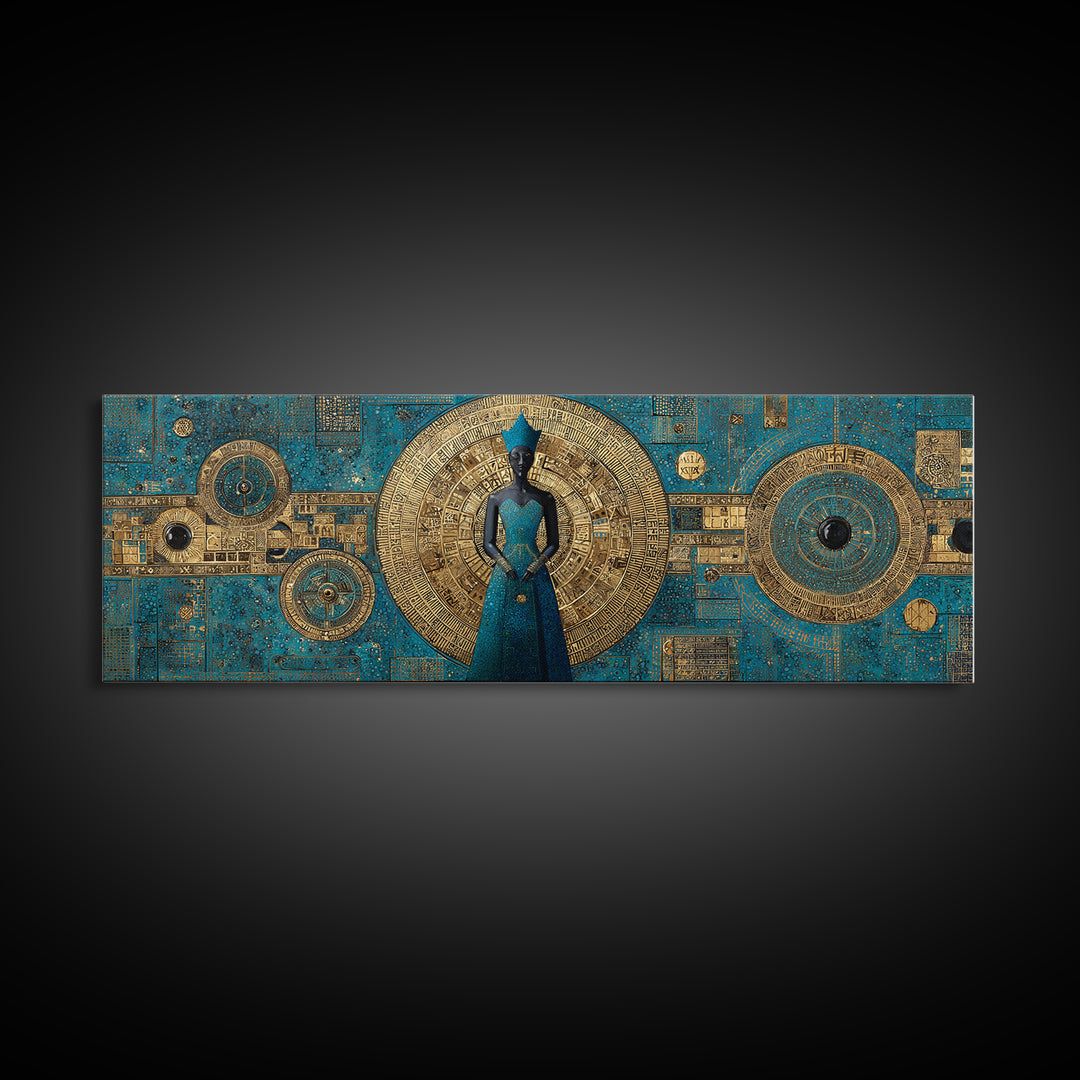 Blue And Gold African Goddess Figure, Geometric African Wall Art, Luxury Canvas Print, Afrocentric Living Room Decor Gift