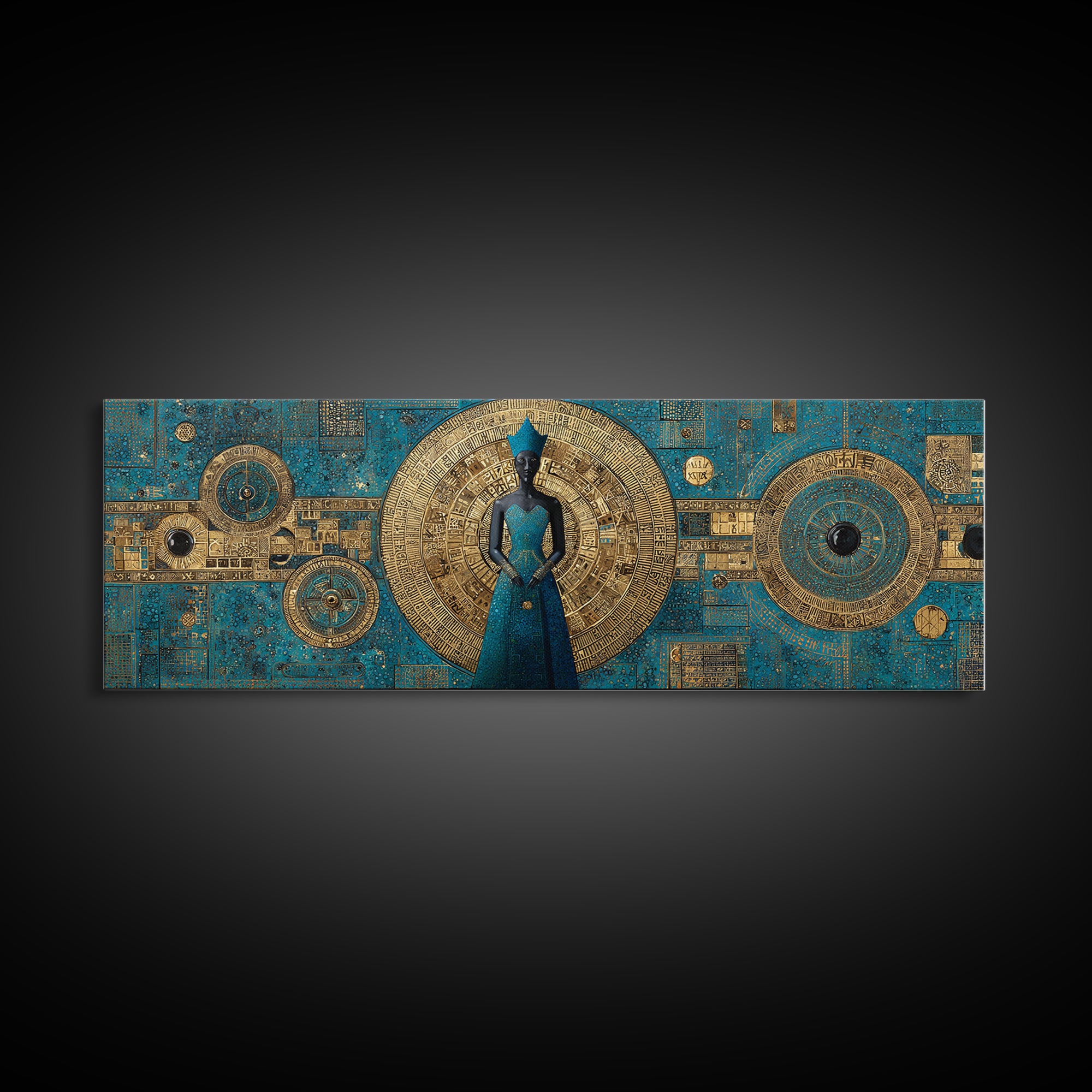 Blue And Gold African Goddess Figure, Geometric African Wall Art, Luxury Canvas Print, Afrocentric Living Room Decor Gift