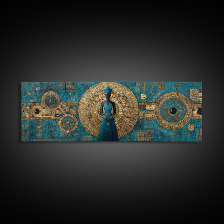 Blue And Gold African Goddess Figure, Geometric African Wall Art, Luxury Canvas Print, Afrocentric Living Room Decor Gift