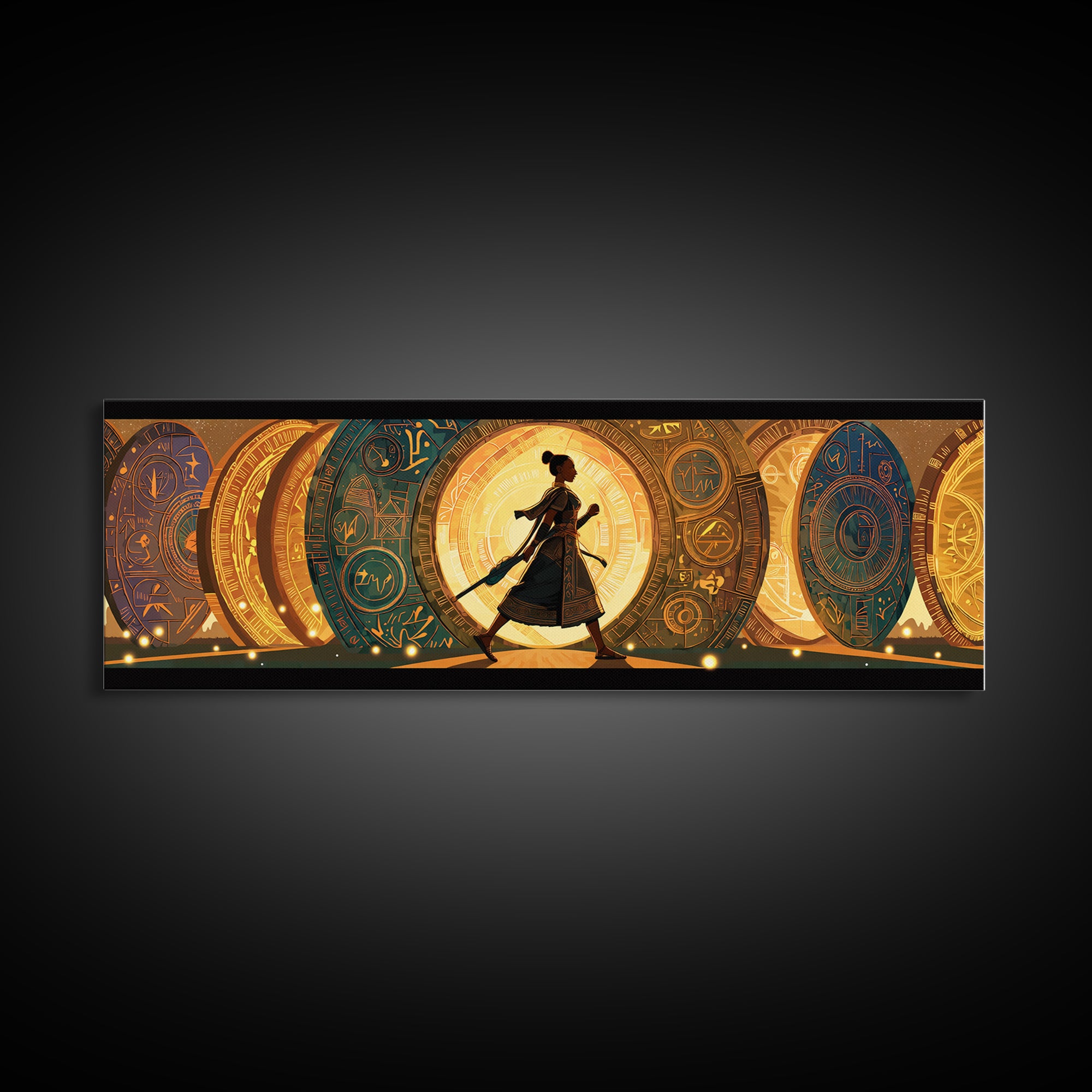 Walking African Woman Silhouette, Golden Portal Wall Art, Modern African Art Canvas Print, Boho Afrocentric Home Decor Gift