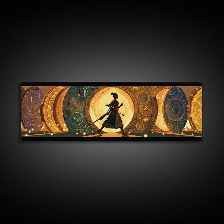 Walking African Woman Silhouette, Golden Portal Wall Art, Modern African Art Canvas Print, Boho Afrocentric Home Decor Gift