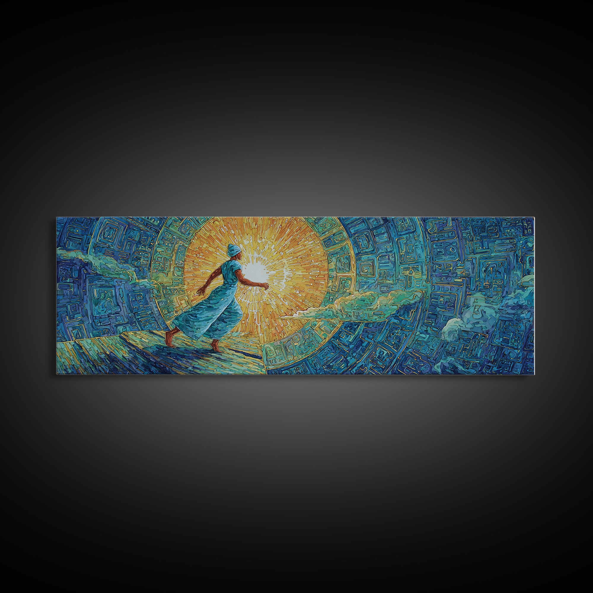 Blue Robed African Woman In Sunlight, Abstract Wall Art, Dreamy Canvas Print, Textured African Art Living Room Decor Gift