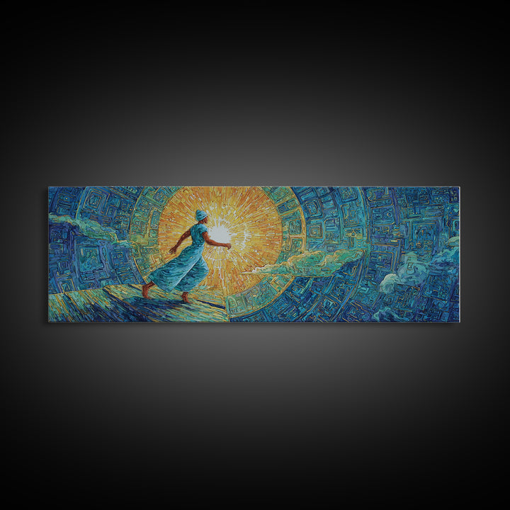 Blue Robed African Woman In Sunlight, Abstract Wall Art, Dreamy Canvas Print, Textured African Art Living Room Decor Gift