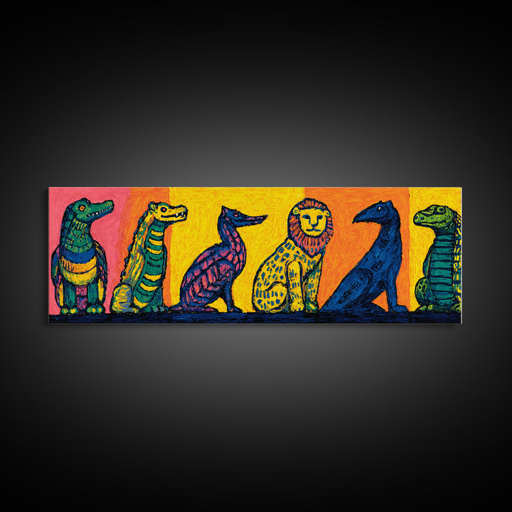 Vibrant Whimsical Safari Animal Lineup, Bright Colorful African Wall Art, Jungle Canvas Print, Playful Kids Room Decor Gift