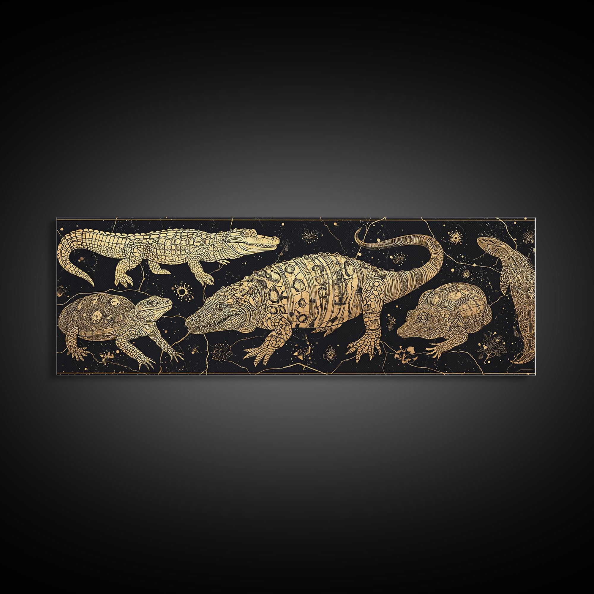 Golden Crocodile Constellation Wall Art, African Safari Reptile Print, Tribal Animal Decor, Black Gold Canvas For Living Room