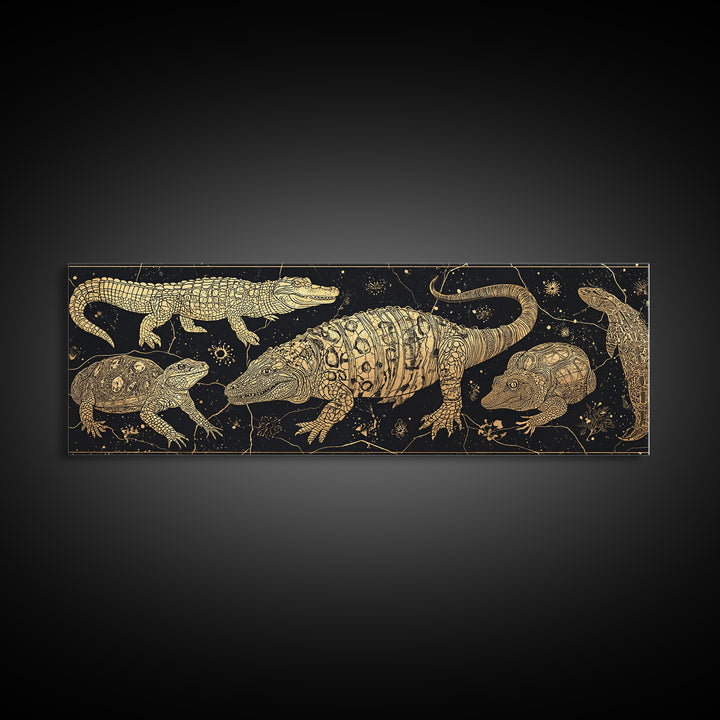 Golden Crocodile Constellation Wall Art, African Safari Reptile Print, Tribal Animal Decor, Black Gold Canvas For Living Room
