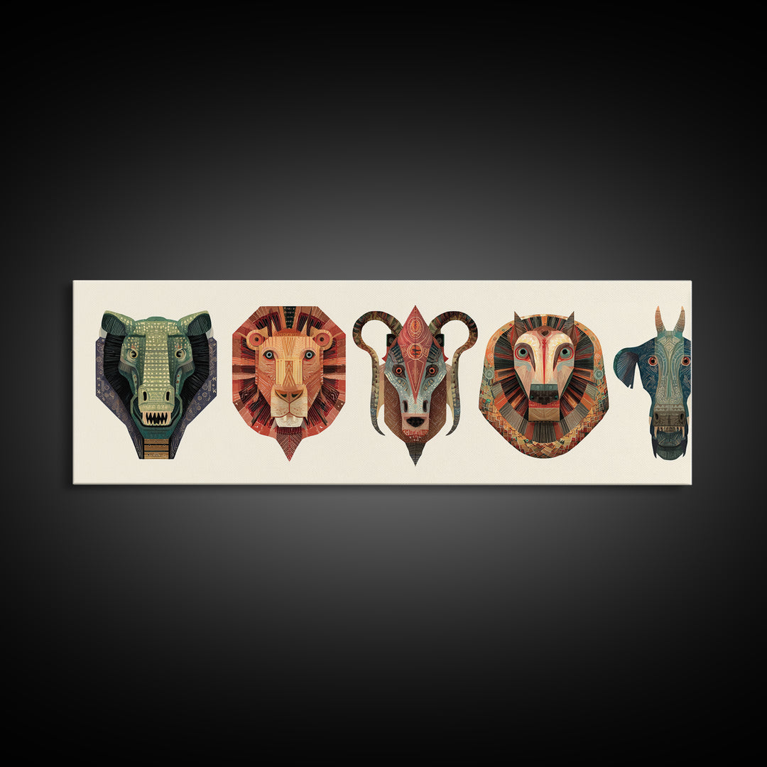 African Animal Mask Collection Framed Canvas Print, Elephant Lion Ram Baboon Tribal Wall Art, Safari Decor For Bold Home