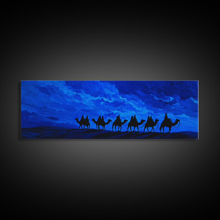 Blue Desert Camel Caravan Wall Art, Moonlit Nomad Silhouette Print, African Safari Decor, Mystical Travel Canvas For Bedroom