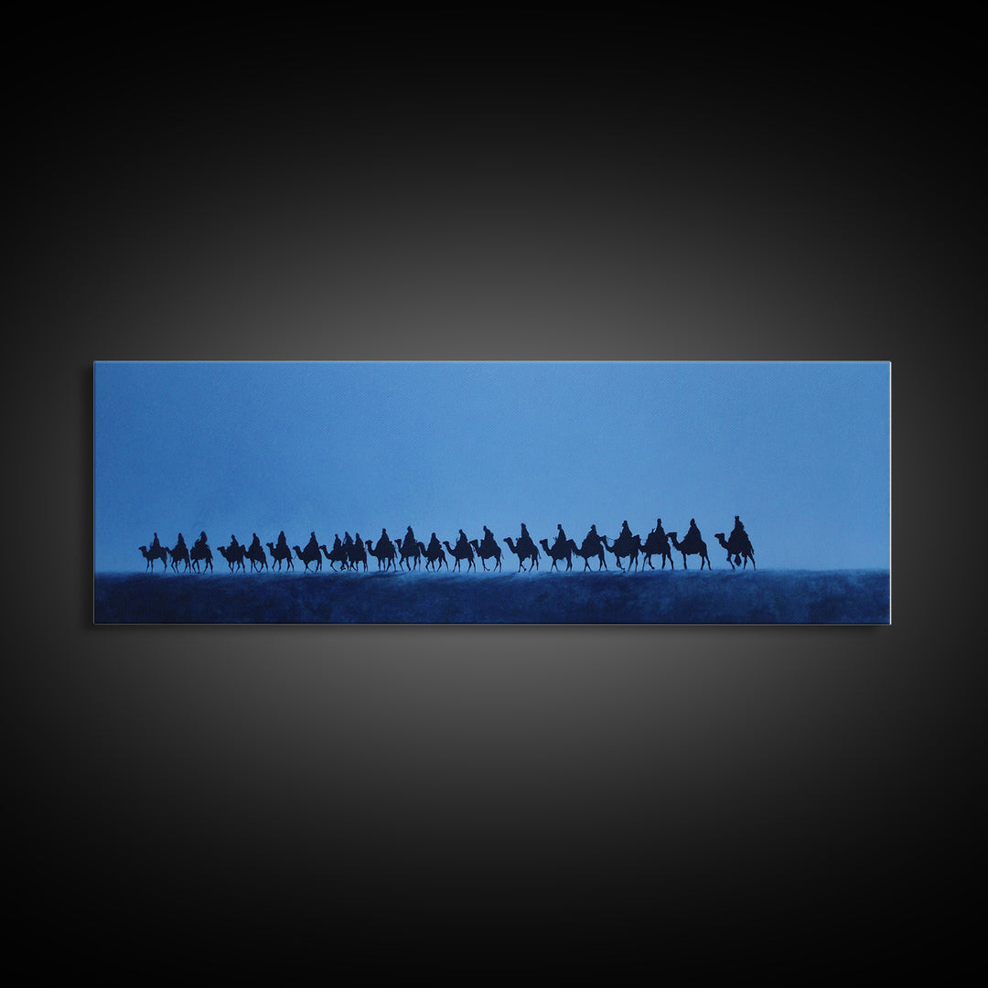 Distant Camel Caravan Canvas Print, Blue Desert Horizon Wall Art, African Travel Poster, Minimalist Safari Decor For Living Room