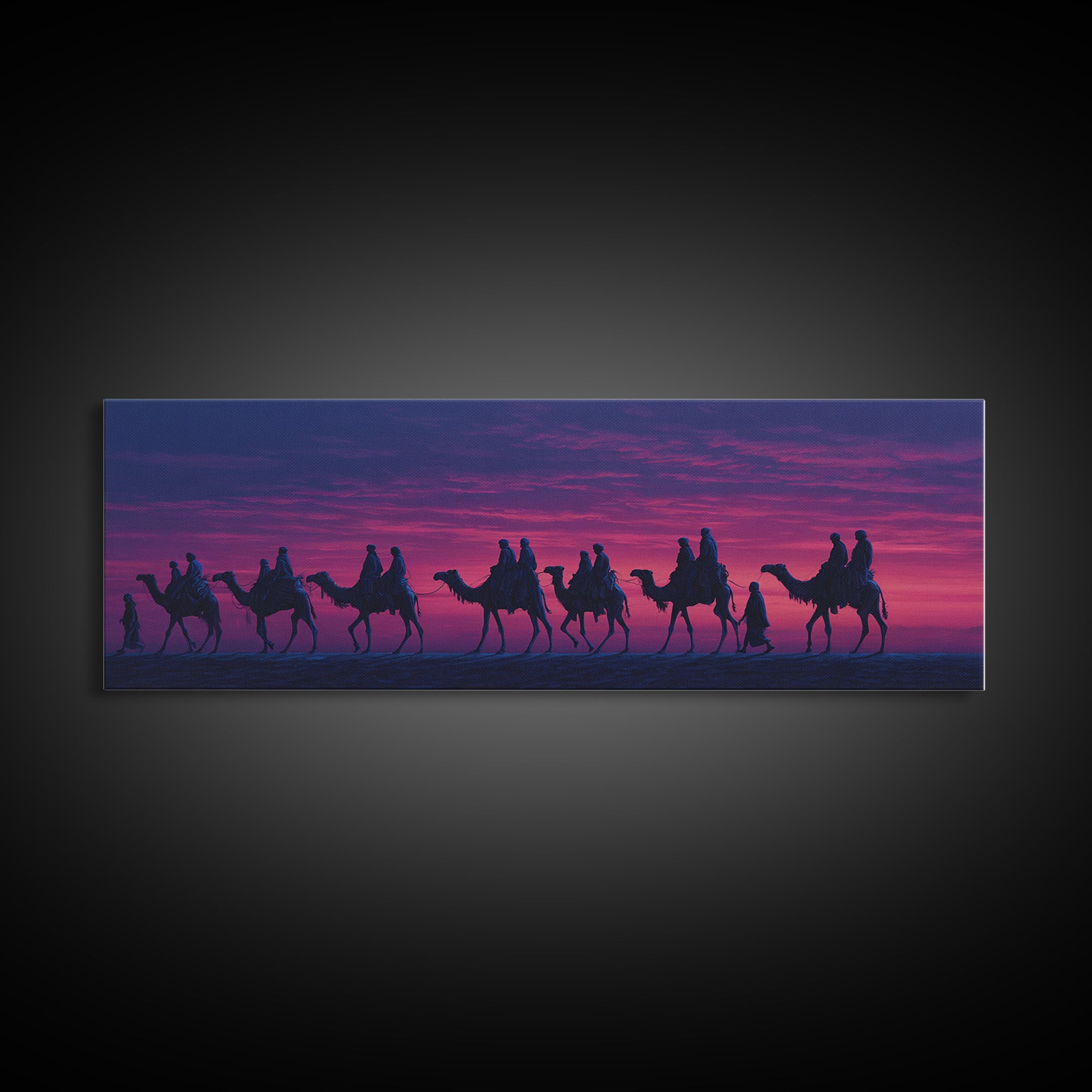 Purple Sunset Camel Caravan Wall Art, Desert Nomad Silhouette Painting, African Safari Decor, Travel Canvas Print For Bedroom