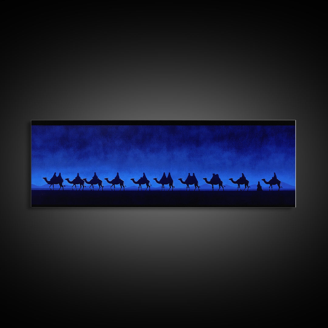 Deep Blue Camel Caravan Canvas Print, Desert Silhouette Wall Art, African Safari Poster, Minimalist Travel Decor For Home