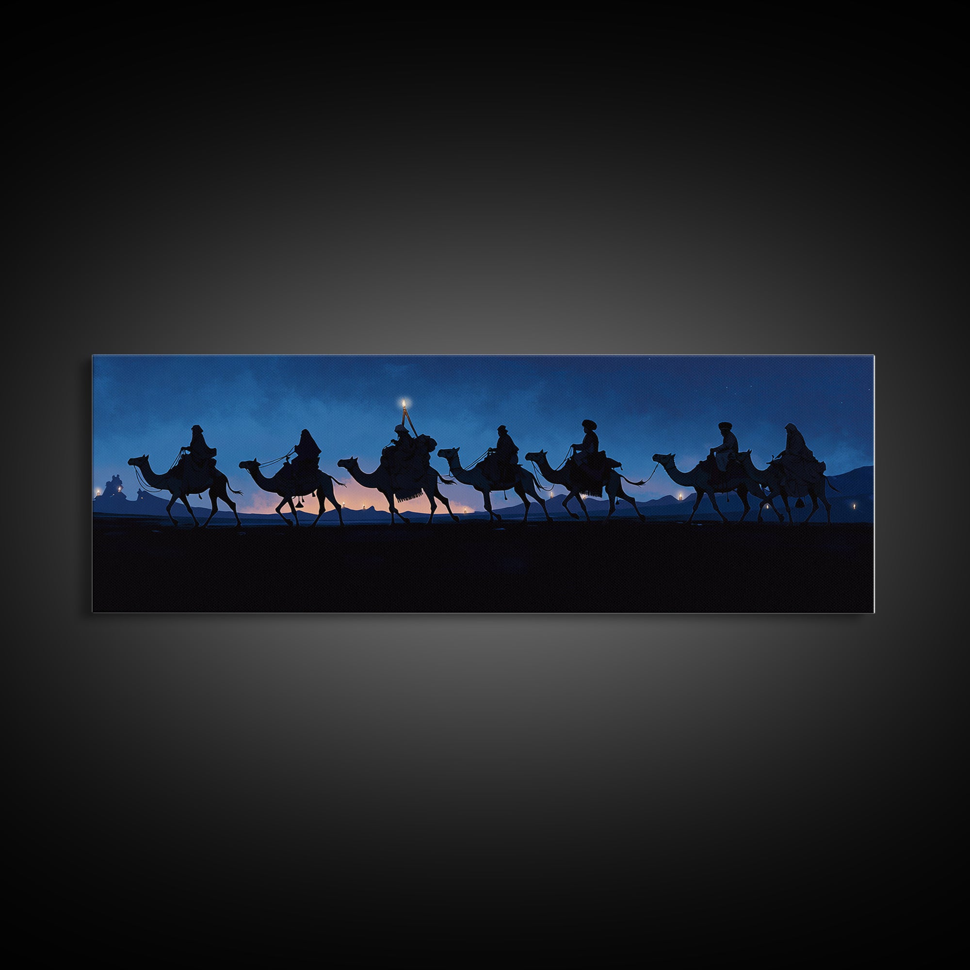 Night Camel Caravan Framed Canvas Print, Blue Desert Silhouette Wall Art, African Safari Travel Decor, Nomad Scene For Home