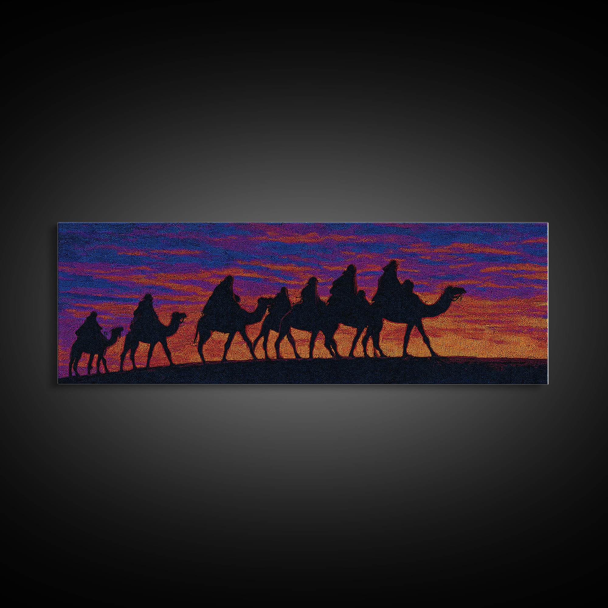 Vibrant Sunset Camel Caravan Silhouette Canvas Print, African Safari Wall Decor, Boho Desert Landscape, Colorful Art Gift