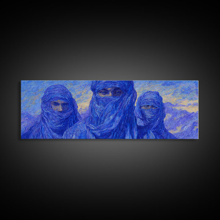 Three Blue Veiled Tuareg Portraits Canvas Print, African Painting Wall Art, Sahara Desert Decor, Modern Cultural Artwork