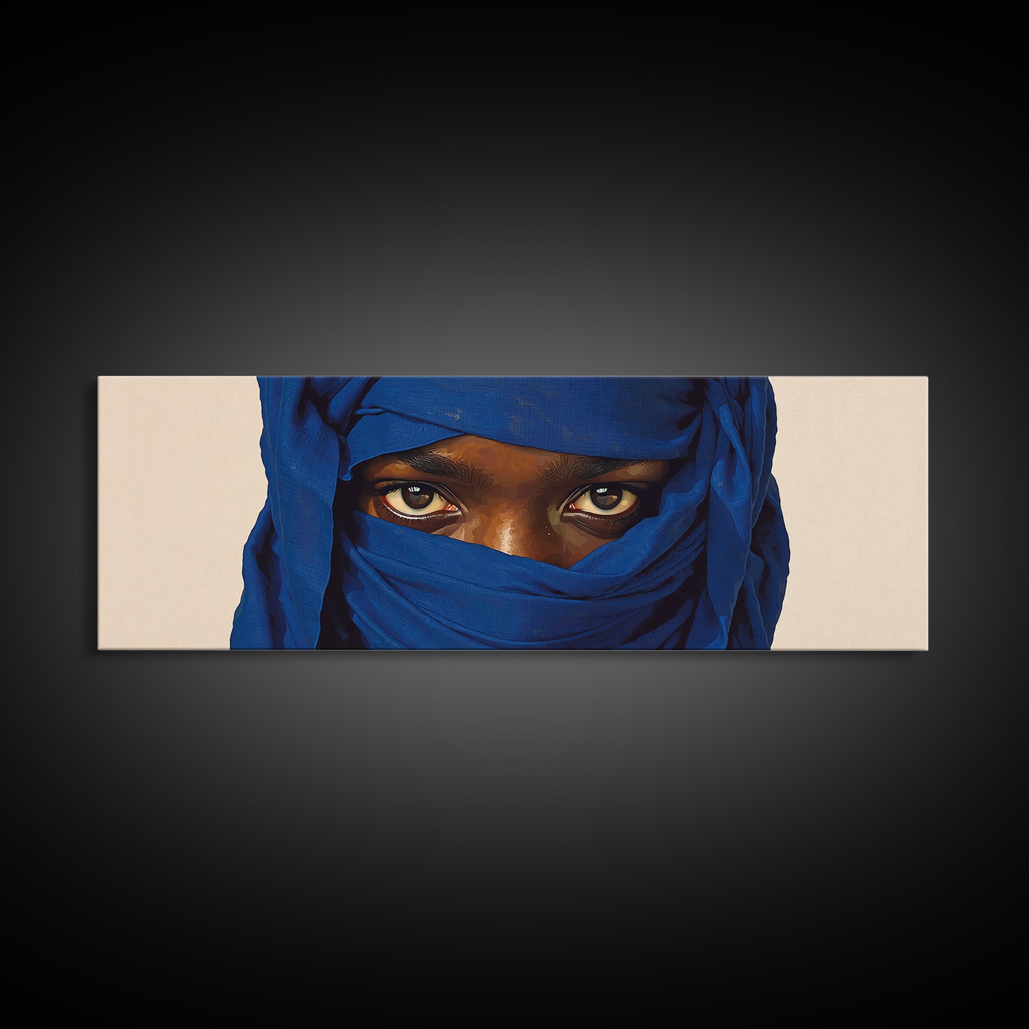 Intense Blue Veiled Eyes Portrait Canvas Print, African Woman Wall Art, Black Female Art, Minimalist Sahara Home Decor Gift