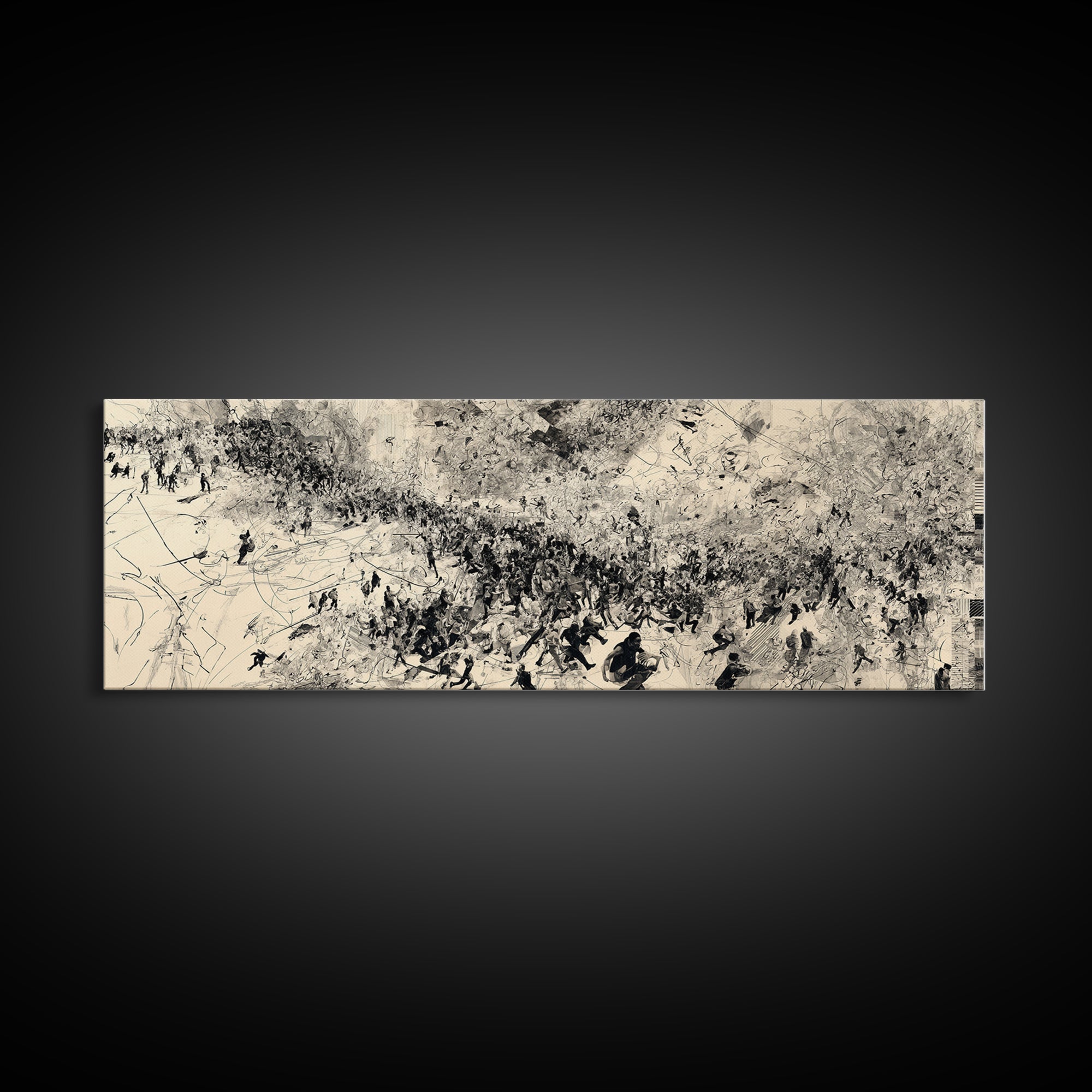 Monochrome African Migration Wall Art, Abstract Crowd Landscape, Black And White Culture Decor, Panoramic Art Print Home Gift