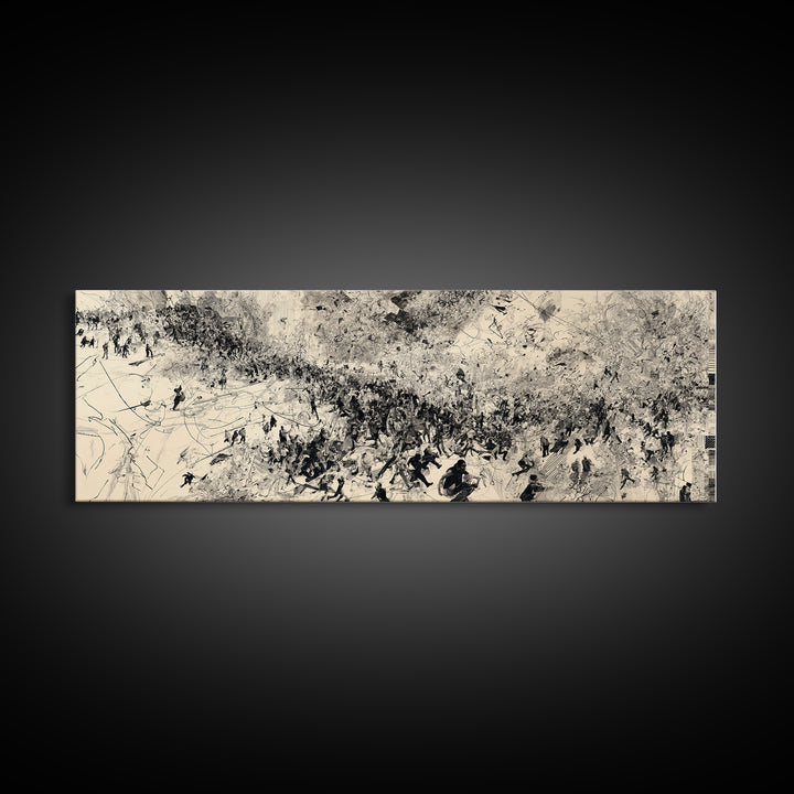 Monochrome African Migration Wall Art, Abstract Crowd Landscape, Black And White Culture Decor, Panoramic Art Print Home Gift
