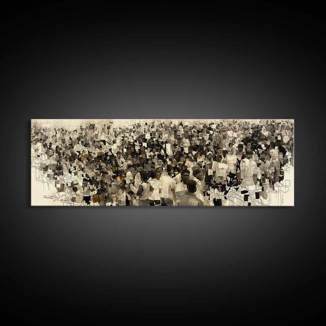 Sepia African Community Wall Art, Crowded Market Portrait, Black People Culture Decor, Panoramic Canvas Print Gift For Home
