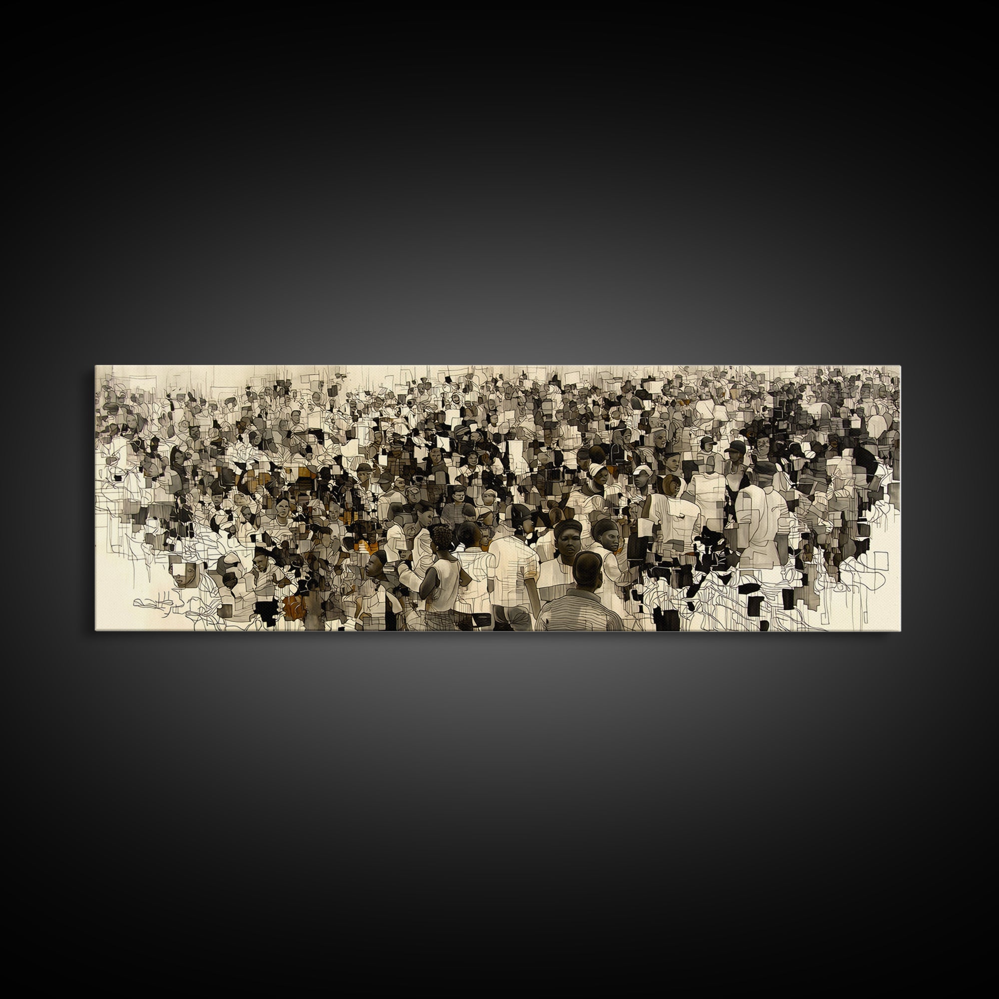 Sepia African Community Wall Art, Crowded Market Portrait, Black People Culture Decor, Panoramic Canvas Print Gift For Home