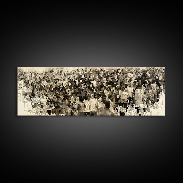 Sepia African Community Wall Art, Crowded Market Portrait, Black People Culture Decor, Panoramic Canvas Print Gift For Home