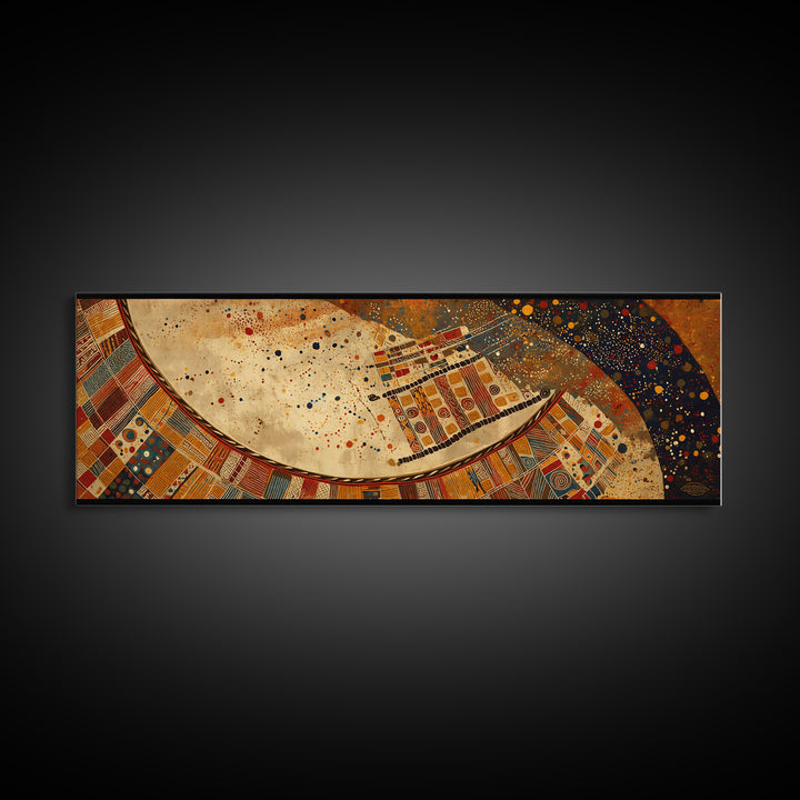 Celestial Ankara Crescent With Orange Patterns Canvas Print, African Fabric Art, Afrocentric Wall Decor, Boho Cultural Art