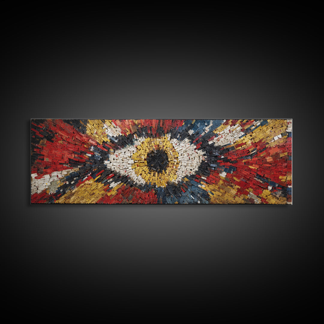 Exploding Eye Mosaic In Red Gold And Navy Framed Canvas Print, Abstract African Art, Bold Statement Wall Decor For Living Room
