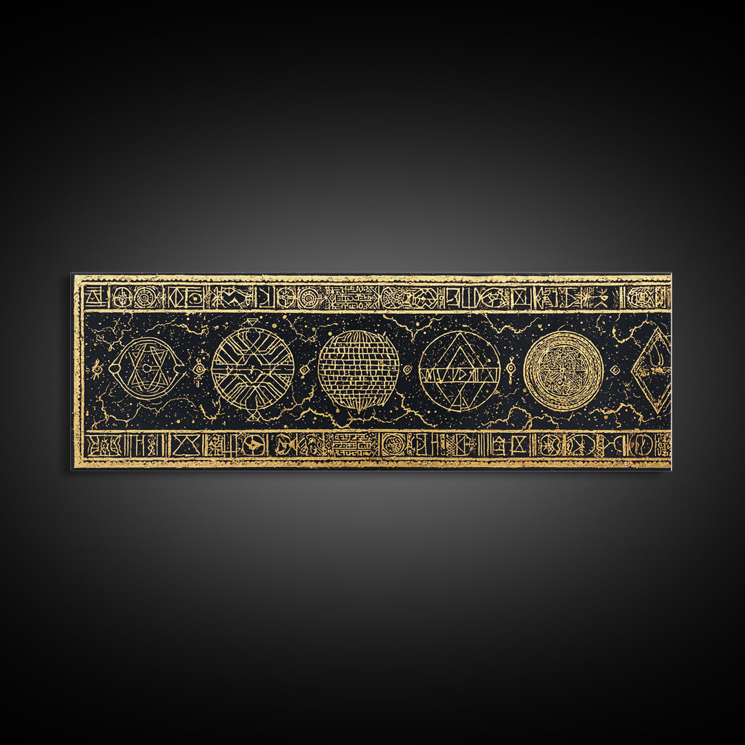 Gold Sacred Geometry Symbols On Black Canvas Print, African Patterns, Tribal Wall Art, Mystical Meditation Home Decor Gift