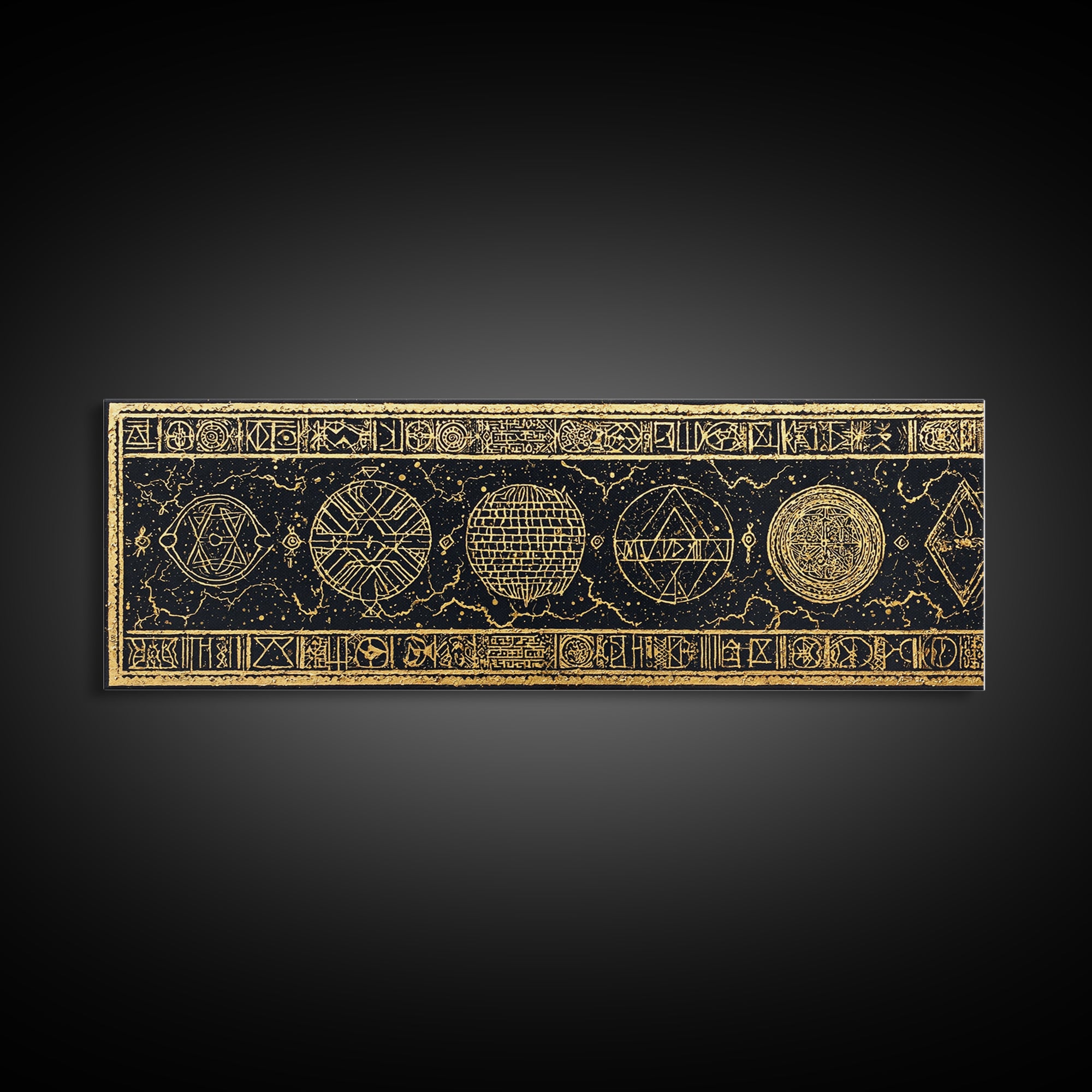 Gold Sacred Geometry Symbols On Black Canvas Print, African Patterns, Tribal Wall Art, Mystical Meditation Home Decor Gift