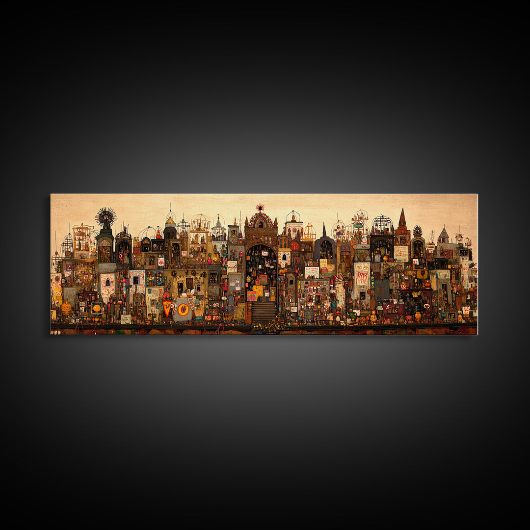 Intricate Fantasy City Shrine With Towers Canvas Print, African Inspired Wall Art, Maximalist Cultural Home Decor Unique Gift