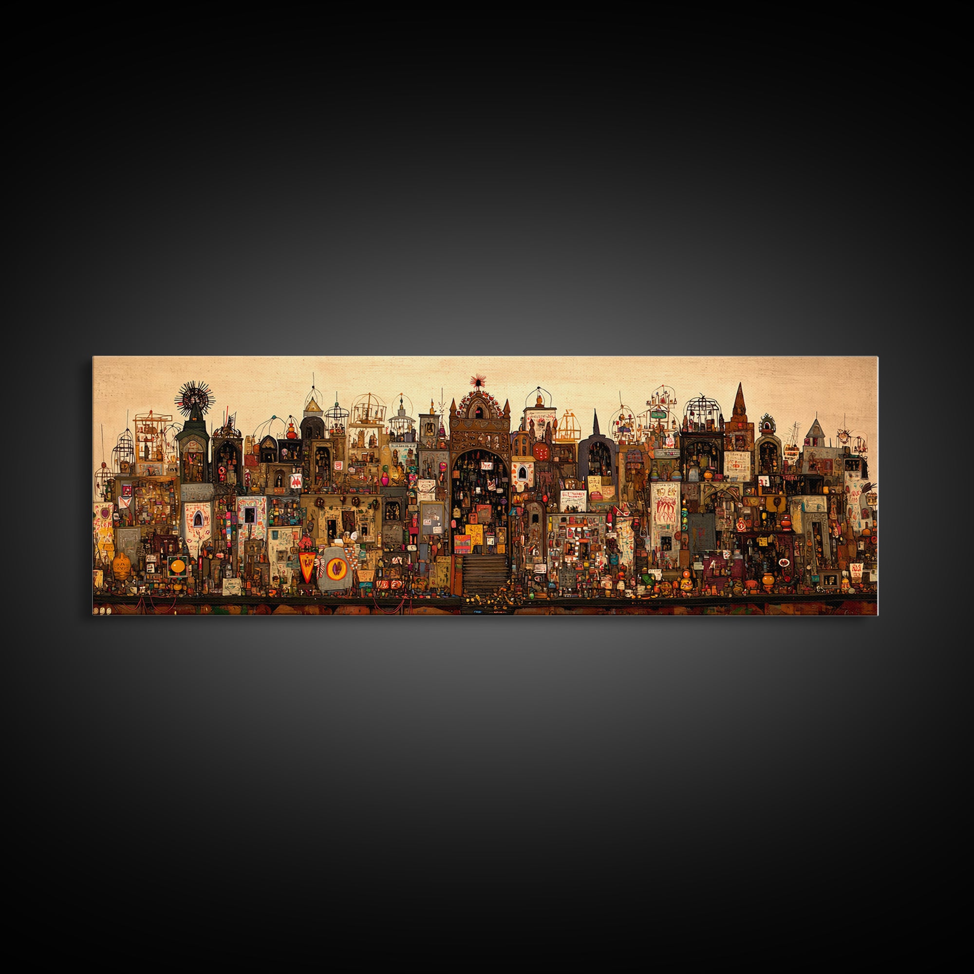Intricate Fantasy City Shrine With Towers Canvas Print, African Inspired Wall Art, Maximalist Cultural Home Decor Unique Gift