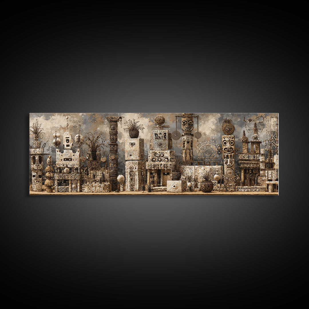 Monochrome African Totem Sculptures And Carved Masks Framed Canvas Print, Tribal Wall Decor, African Artwork, Cultural Art