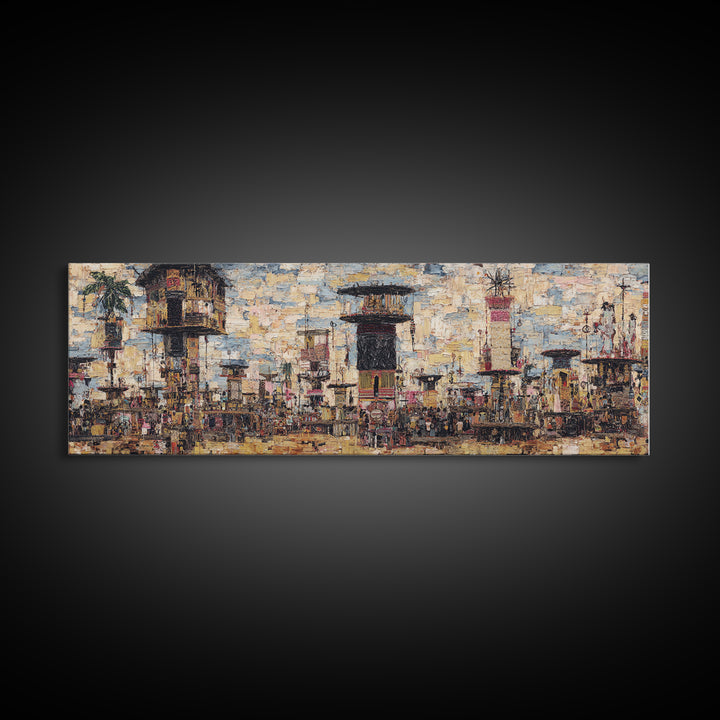 Abstract African City Skyline With Towers And Market Life Wall Art, Modern African Art, Urban Wall Art, Cultural Home Decor