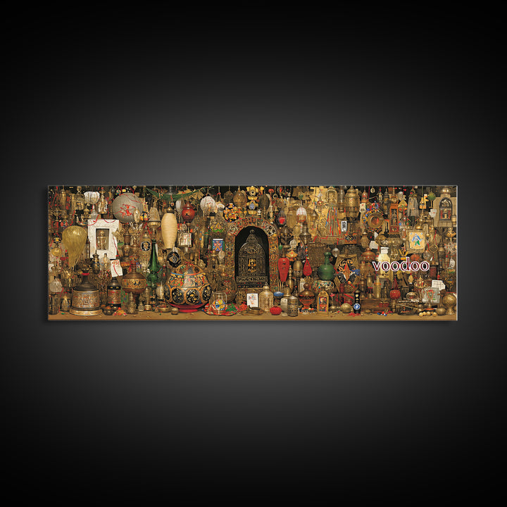 Voodoo Altar Shelf With Masks Bottles And Sacred Objects Canvas Print, Afrocentric Wall Art, African Decor, Spiritual Wall Decor