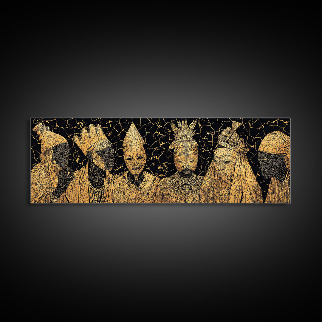 Gold African Royal Figures In Patterned Tribal Masks Framed Canvas Print, Black And Gold Art, African Wall Decor, Afro Art