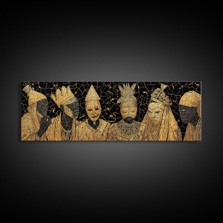 Gold African Royal Figures In Patterned Tribal Masks Framed Canvas Print, Black And Gold Art, African Wall Decor, Afro Art