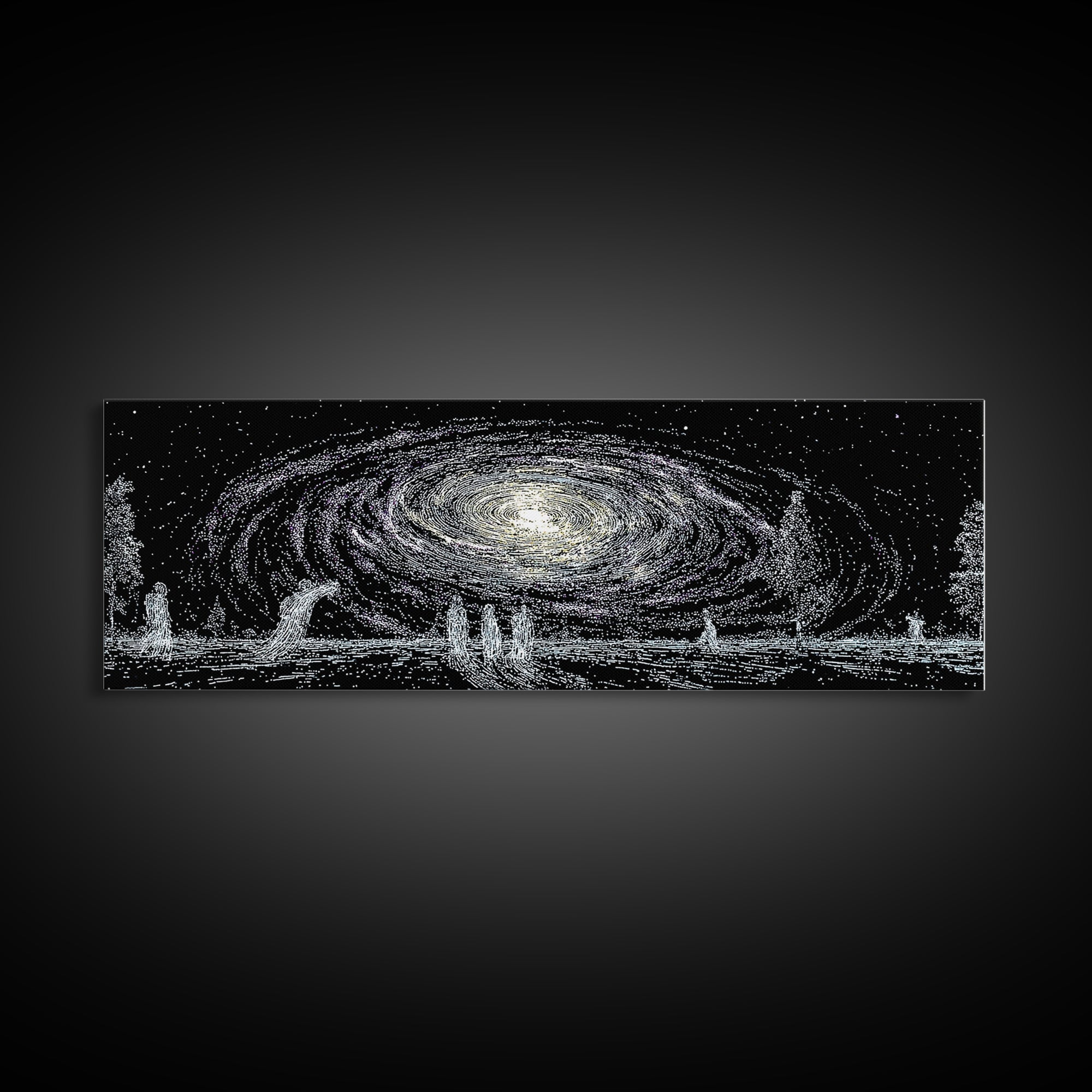 Cosmic Spiral Galaxy Over Water And Tiny Figures Canvas Print, Mystical Wall Art, Black And White Art, Contemporary Wall Art