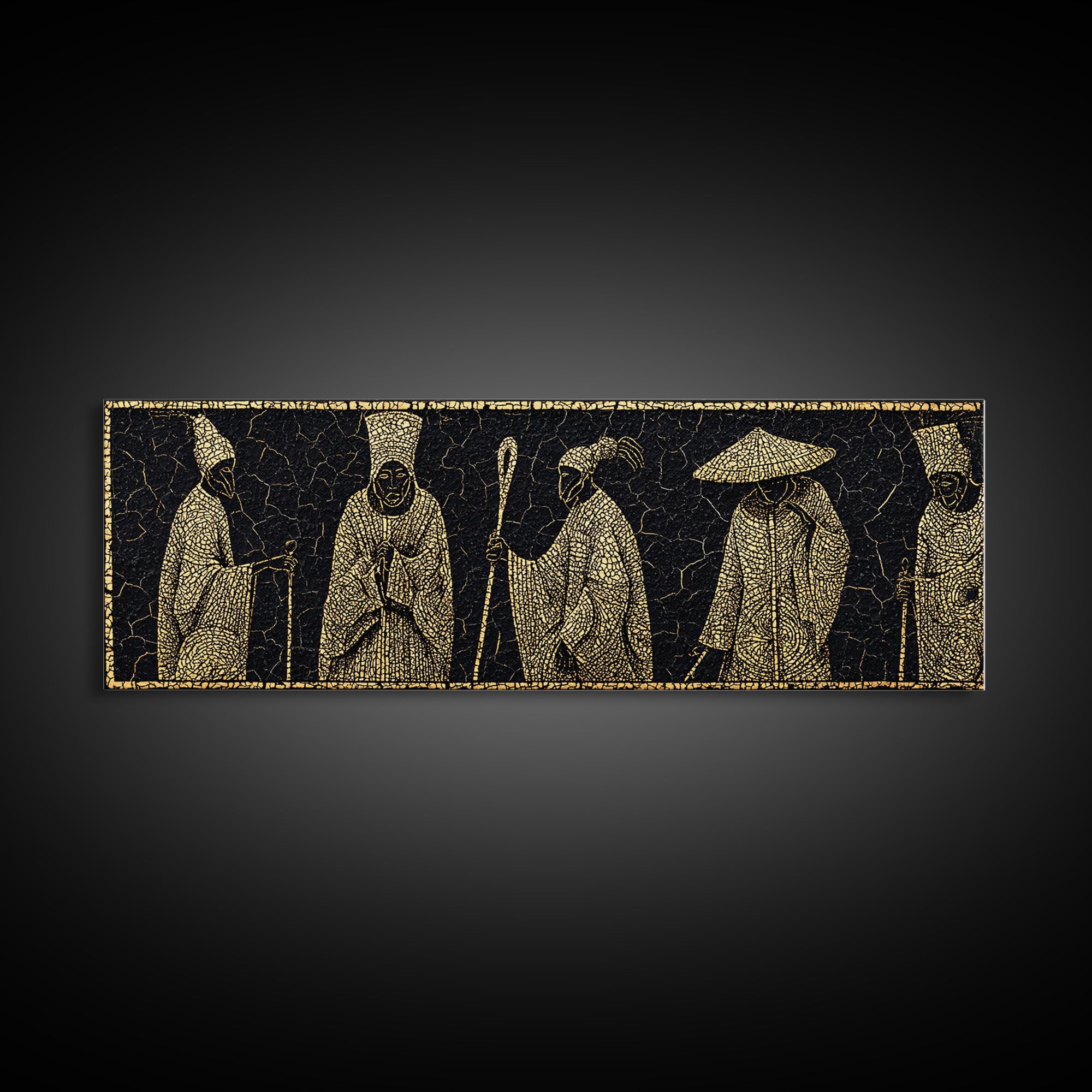 Gold African Elder Procession Wall Art, Ancient African Art, Tribal Figures Canvas Print, Black And Gold Cultural Decor Gift