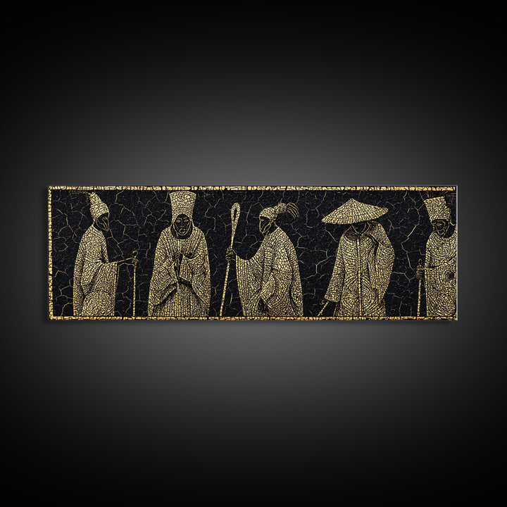 Gold African Elder Procession Wall Art, Ancient African Art, Tribal Figures Canvas Print, Black And Gold Cultural Decor Gift