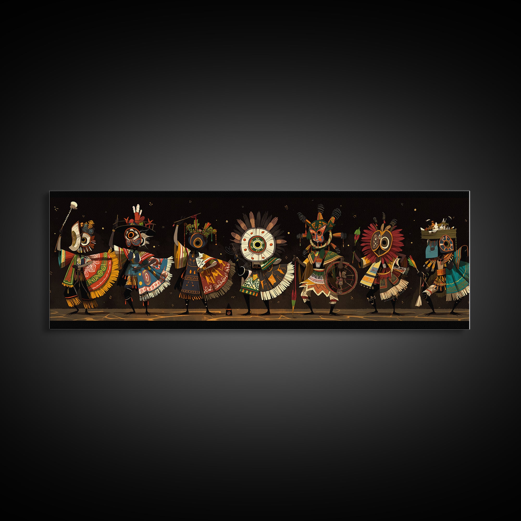 Masked African Dancers In Colorful Tribal Costumes Wall Art, Afrocentric Canvas Print, Cultural Statement Living Room Decor