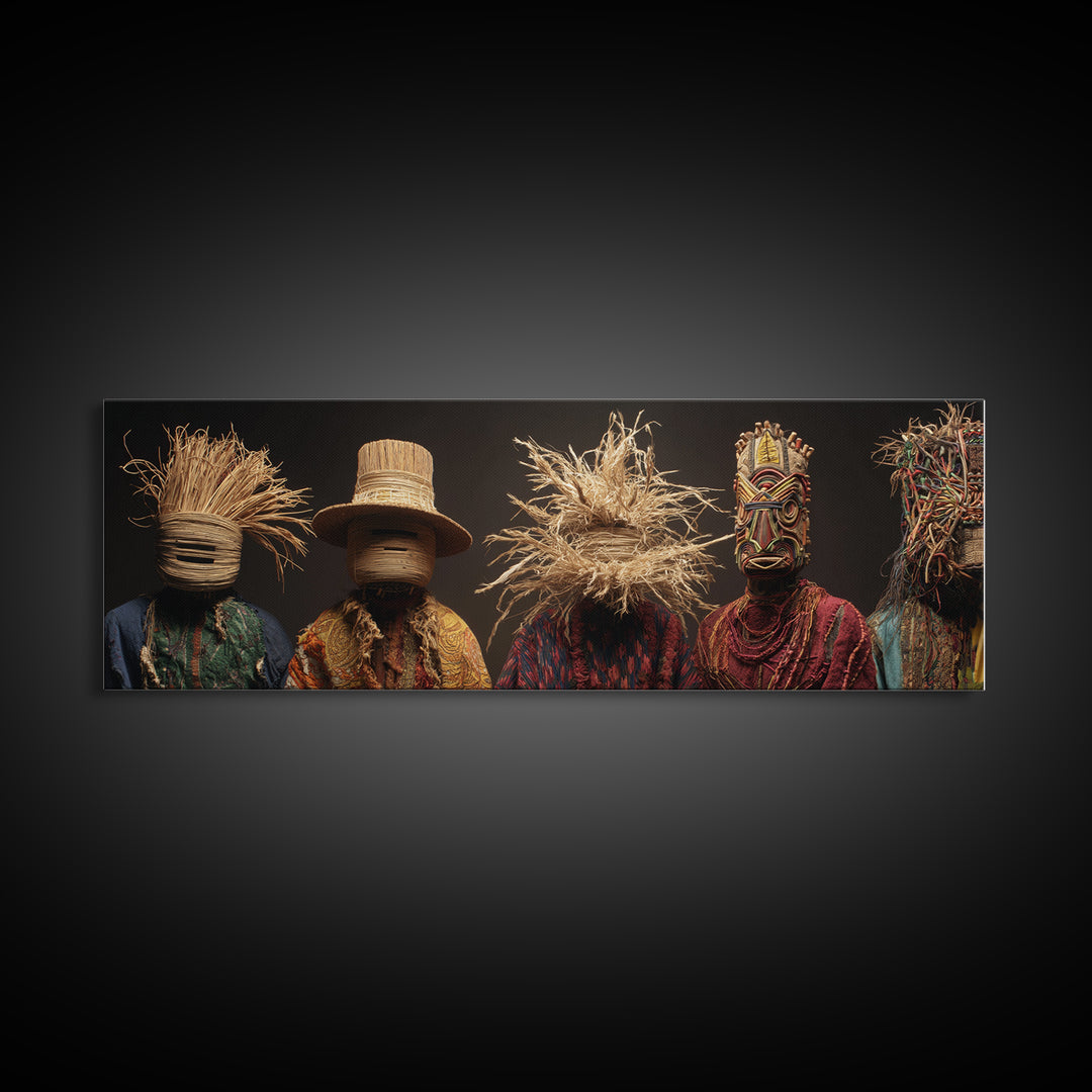 Straw Masked African Figures In Woven Textiles Framed Canvas Print, Tribal Portrait Wall Art, Afrocentric Home Decor Gift