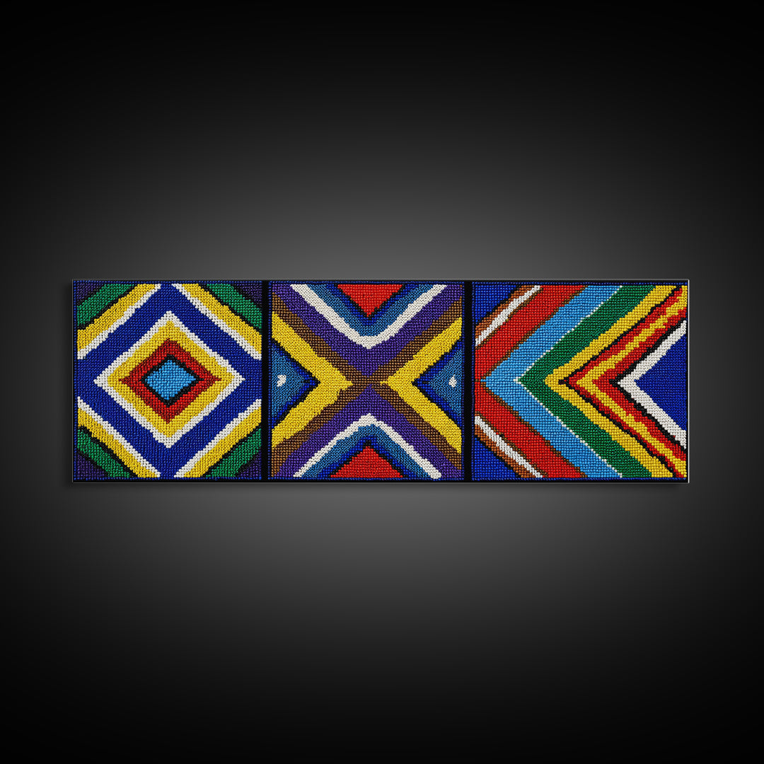 Three Panel Beaded Diamond Canvas Print, African Tribal Chevron Pattern, Geometric Wall Art, Colorful Boho Wall Decor, Set Of 3 Art