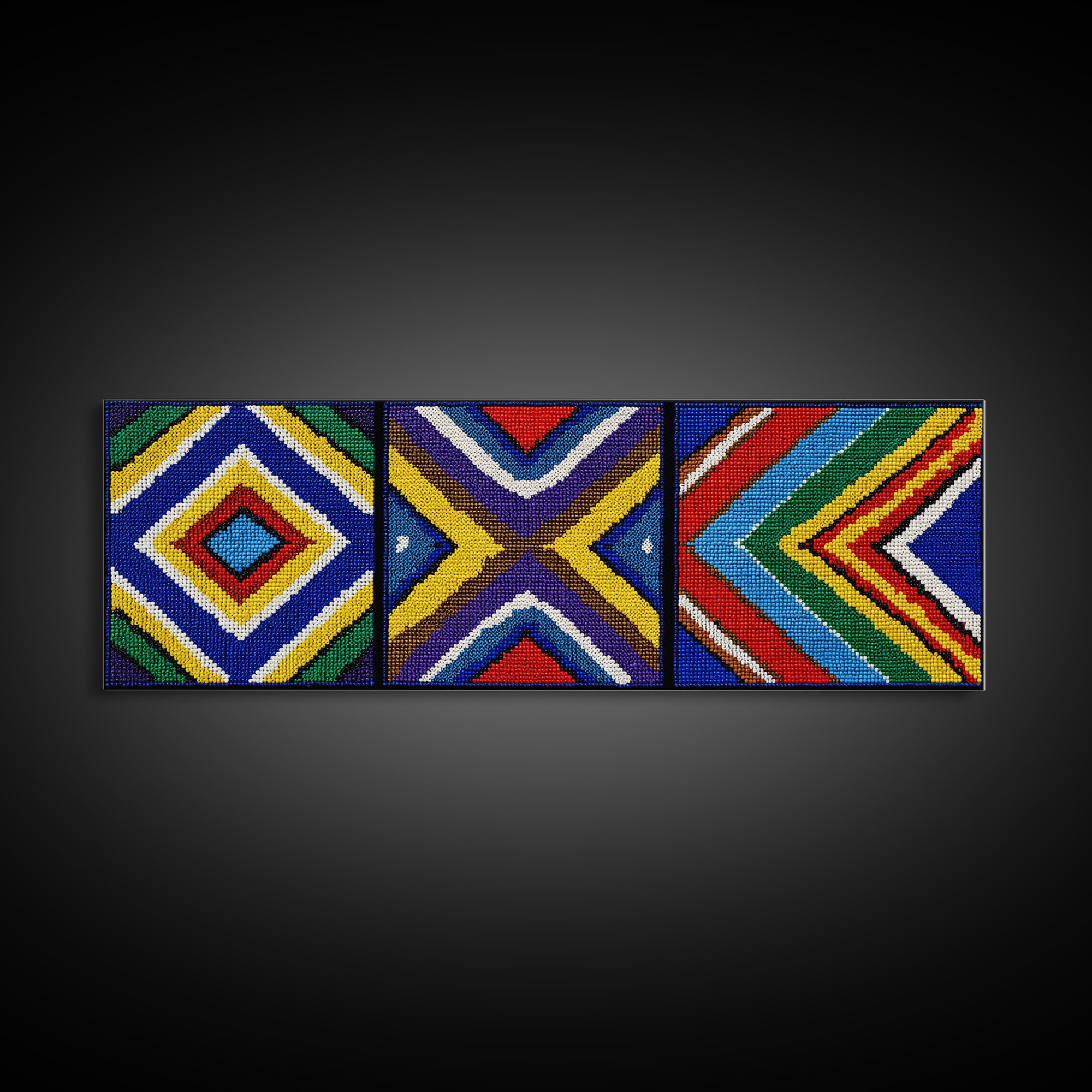 Three Panel Beaded Diamond Canvas Print, African Tribal Chevron Pattern, Geometric Wall Art, Colorful Boho Wall Decor, Set Of 3 Art