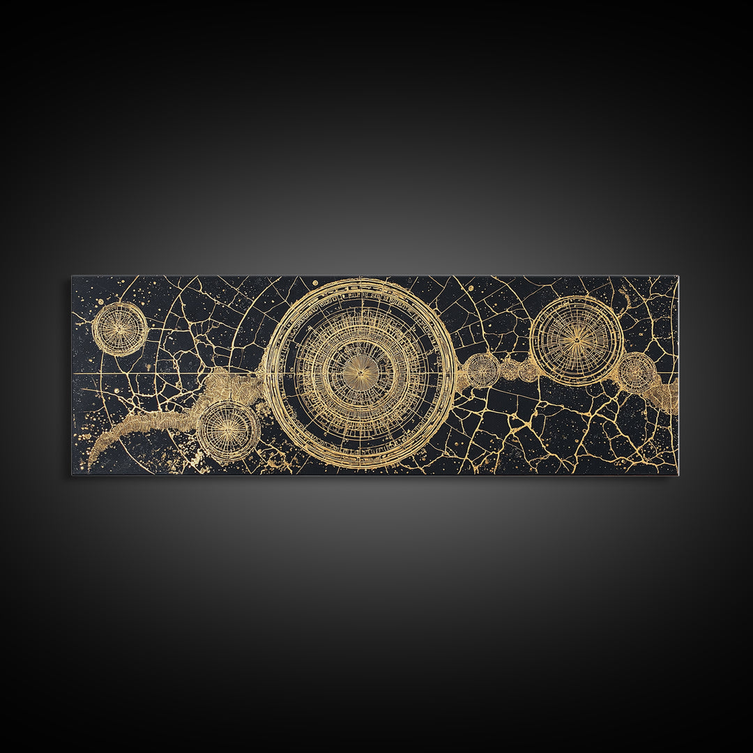 Gold Celestial Map Canvas Print, African Abstract Circles, Black And Gold Wall Art, Spiritual Luxury Home Decor, Mystical Wall Art