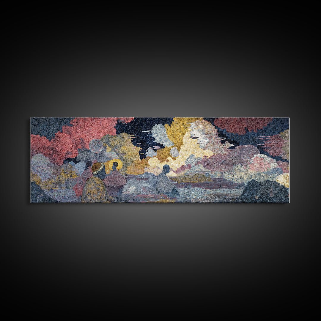 Sunset Harbor Figures In Textured Clouds Wall Art, African Inspired Landscape, Colorful Modern Canvas Print For Living Room