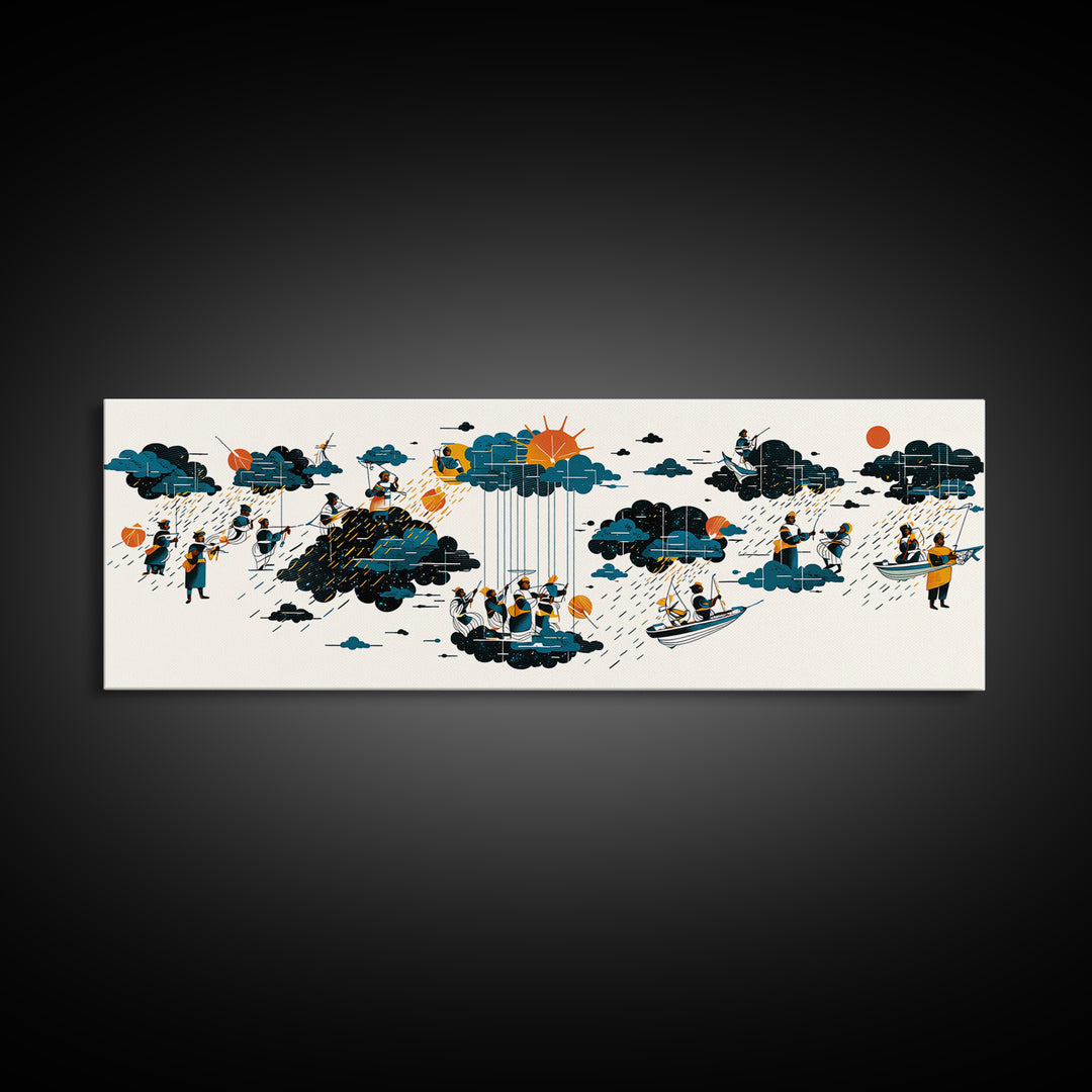 Whimsical Rain Cloud Journey Wall Art, Tiny Boats And Figures Illustration, Modern Blue Orange Canvas Print, Playful Decor