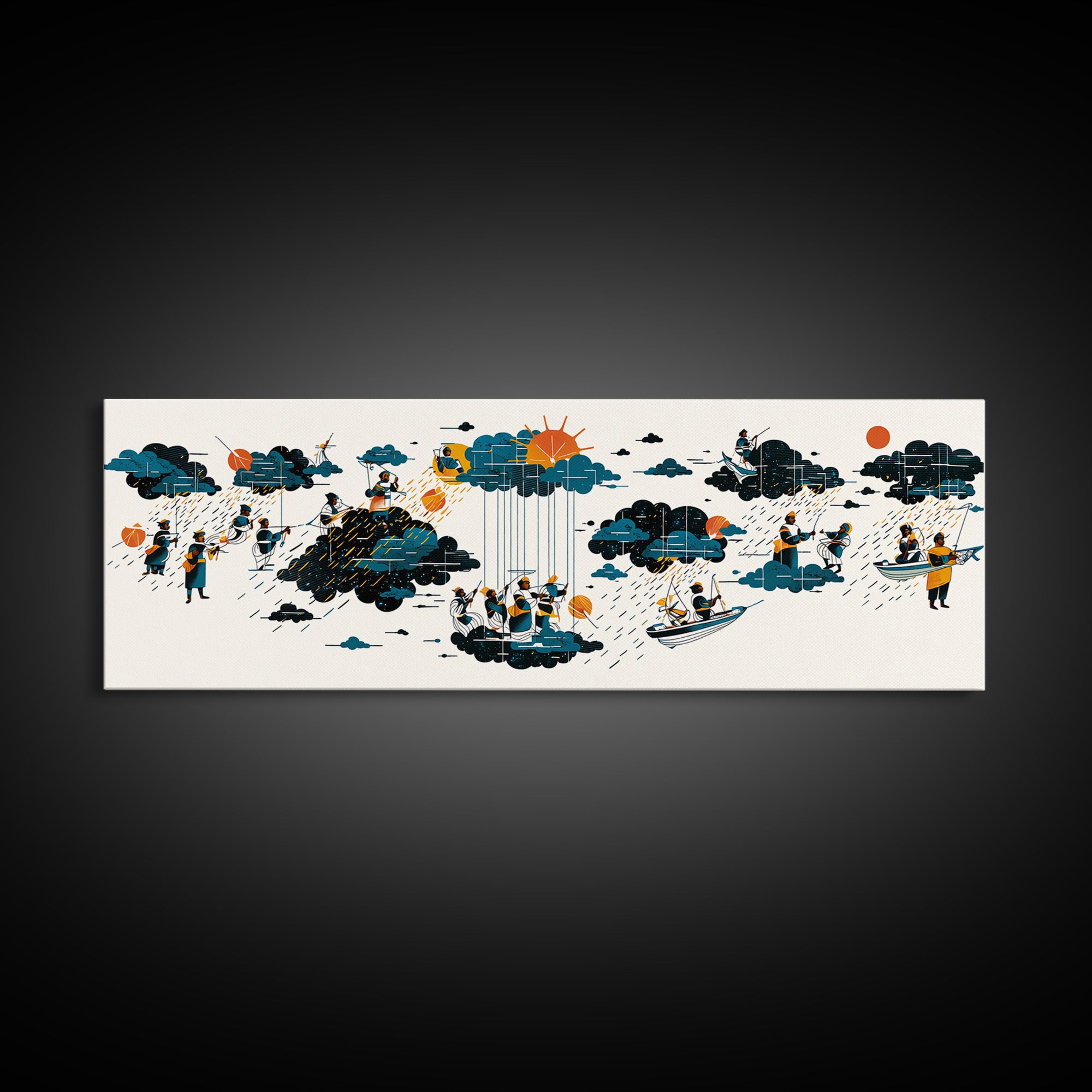 Whimsical Rain Cloud Journey Wall Art, Tiny Boats And Figures Illustration, Modern Blue Orange Canvas Print, Playful Decor